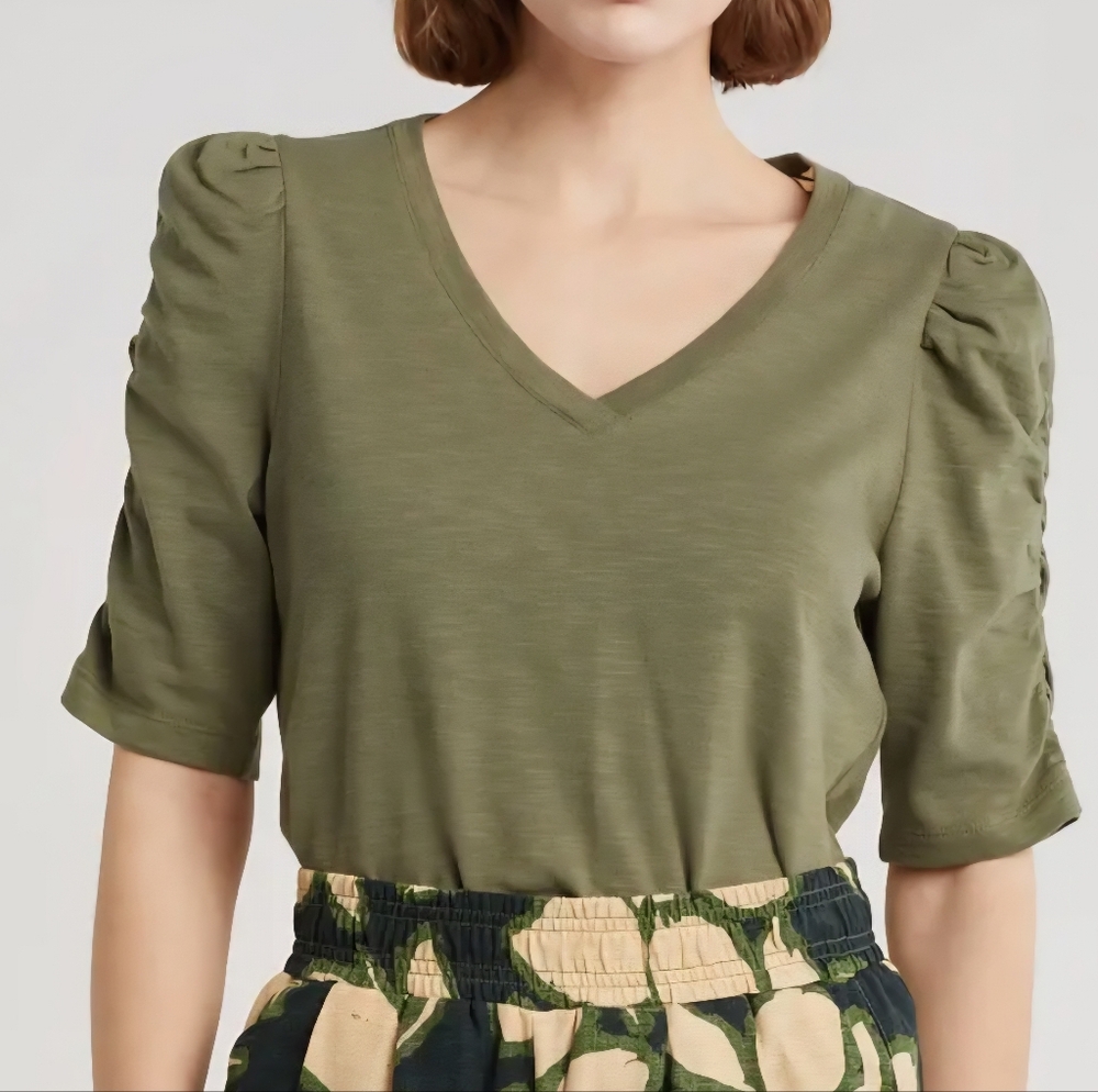 Democracy Cinched Sleeve Cotton V-Neck Top -GREEN -SMALL **NEW - Picture 2 of 13
